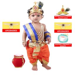 RAJ FANCY DRESSES Lord Krishna Theme Gota Lace Embellished Costume Set - Orange & Blue-image-57