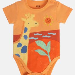 MINI KLUB Cotton Knit Half Sleeves Giraffe Patch Embroidered Onesie - Orange-image-56