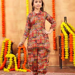 Aarika Cotton Woven Three Fourth Sleeves Paisleys Printed Sequins & Gota Lace Embellished Coordinating Kurta Patiala Set - Red-image-96