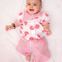 BownBee Pure Cotton Woven Half Puffed Sleeves Polka Dots Printed Top & Harem Pants - White & Pink-image-91