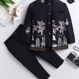 Fourfolds Woven Solid Sherwani Pant With Full Sleeves Sequins Embellished & Floral Embroidered Jacket Set - Black-picture-48