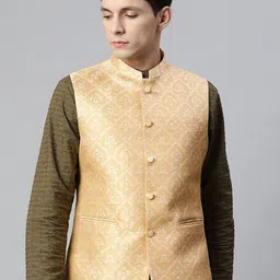 MANQ Men Beige & Gold Ethnic Motifs Jaquard Woven Design Nehru Jacket-picture-15