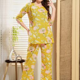NIGHT FLOSS Floral Printed V-Neck Three Fourth Sleeve Tunic With Trouser Co-Ords-image-86