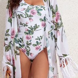 Plus Curvves Floral Printed One Shoulder Bodysuit & Long Sleeved Shrug-image-95