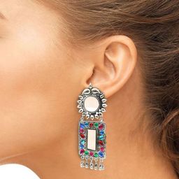 FIMBUL Set of 2 Silver-Plated Oxidised Rectangle Shaped Stone Studded Drop Earrings image 4