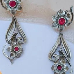 FindHerFavorite Silver-Plated Artificial Stones Studded Floral Drop Earrings-image-3