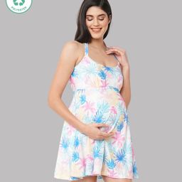 ECOMAMA Sleeveless Tropical Print Quick Dry Maternity Swimming Dress  - Blue-image-53