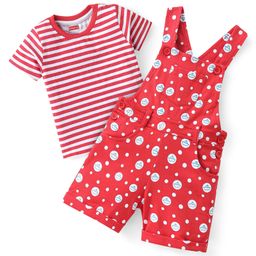 Babyhug 100% Cotton Knit Dungaree and Half Sleeves Tee Set with Stripes - Red-image-89