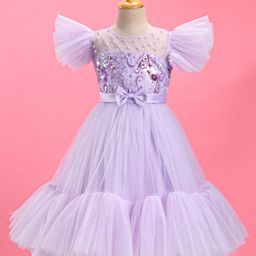 Mark & Mia  Cap Sleeves Three Fourth Embroidered  Party Frock with Beads Detailing & Bow Applique - Lavender-image-47