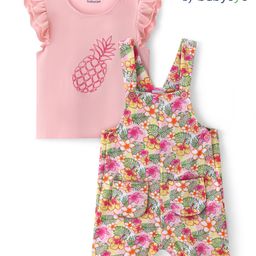 Babyoye Cotton Lycra Knit Dungaree and Frill Sleeves T-Shirt Pineapple & Floral Print - Pink & White-image-65