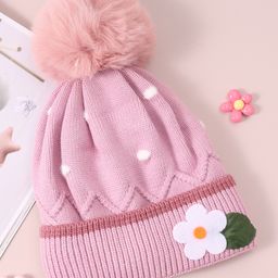 Babyhug Woollen Cap With Floral Applique - Pink-image-14