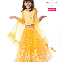 Babyhug Sleeveless SequinedFloral Embroidered Choli Lehenga Set with Dupatta - Yellow-image-60