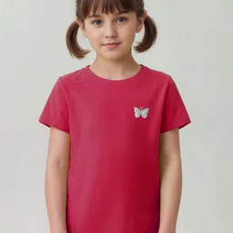 Pine Kids Cotton Knit Half Sleeves Glitter Butterfly Print T-Shirt - Dark Pink-picture-46