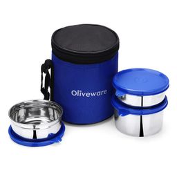 Oliveware Lovely Stylo Lunch Box, Leak Proof & BPA Free Lid , 3 Stainless Steel Containers (2x300ml &1x 450ml), Fabric Jacket - Blue-13