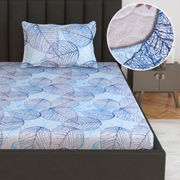 Divine Casa 144 TC 100% Cotton Everyday Use Single Fitted Bedsheet with 1 Pillow Cover Floral Blue Bedsheet for Single Bed - 198 x 90 CM-image-55