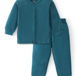 Babyoye Cotton Modal Blend Full Sleeves Front Open Solid Dyed Thermal Inner Wear Set - Teal Blue-image-9