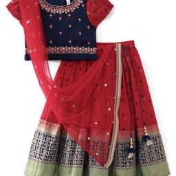 Babyhug Woven Short Sleeves Brocade Pattu Pavada Lehenga Choli & Dupatta Set- Red & Navy-image-24