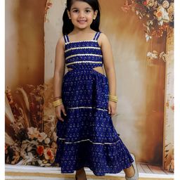 KID1 Sleeveless Floral Motif Printed & Lace Embellished Dress - Blue-image-67