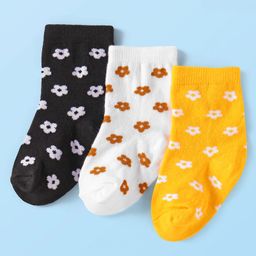 Cute Walk by Babyhug Knit Ankle Length Socks With Floral Design Pack of 3 - Black White & Yellow-image-97