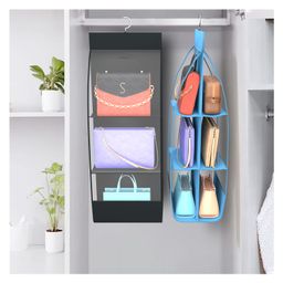 Kuber Industries Pack of 2 Hanging Organizer | 6 Pocket Transparent Storage Organizer | Clutch Handbag Organizer | Hanging Purse for Wardrobe | Handbag Storage For Closet | Black & Sky Blue-image-95