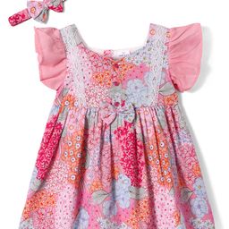 Mark & Mia Cotton Woven Frill Sleeves Frock & Headband with Floral Print & Lace Detailing - Pink-image-95