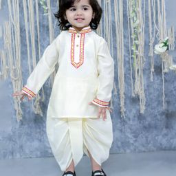 BownBee Blended Full Sleeves Abstract Embroidered Kurta & Dhoti Set - White-image-35