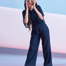 Stylo Bug Half Bell Sleeves Swiss Dot Embroidered Top & Coordinating Pant Set - Navy Blue-image-56