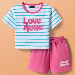 Pine Kids Single Jersey Knit Half Sleeves Striped Shorts Night Suit with Text Print - White & Dark Pink-image-100