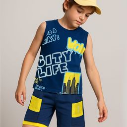 OLLINGTON ST. Cotton Sleeveless Text Printed Tank T-Shirt & Knit Shorts Set - Multicolor & Navy Blue-image-72