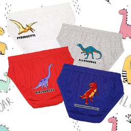 NUSYL Cotton Pack Of 4 Jungle Dinosaurs & Typography Printed Briefs - White Red Royal Blue & Grey-image-87
