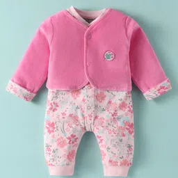 Wonderchild Floral Printed Romper With Full Sleeves Butterfly Patch Embroidered Jacket - Pink-image-37