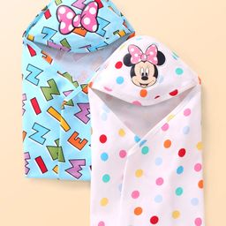 Babyhug Disney 100% Cotton Hooded Towels With Minnie Mouse & Family Graphics L 79 x B 80 cm Pack Of 2 -Turquoise & White-image-57