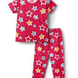 Babyhug Cotton Knit Half Sleeves Co-ords Night Suit With Stars Print - Red-image-99