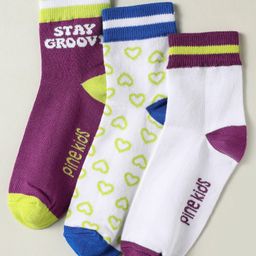 Pine Kids Knit Ankle Length Silvadur Antimicrobial Socks with Heart & Text Design Pack of 3 - Plum & White-image-67