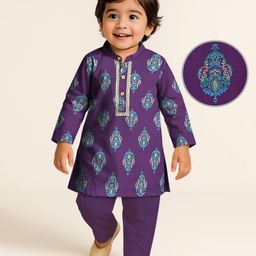 EARTHY TOUCH Single Jersey Knit Full Sleeves Kurta Pyjama Set with Foil Print & Lace Detailing - Purple-image-35