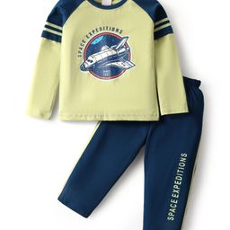Taeko Single Jersey Knit Full Sleeves T-Shirt & Pant With Space Theme Print - Light Green & Blue-image-49