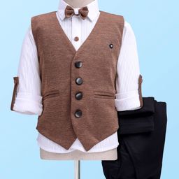 Radutu Full Sleeves Textured 3 Piece Party Suit With Bow Set - White & Brown-image-21