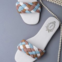 Shoetopia Cable Knit Designed Colour Blocked Slip On Sandals - White-image-70