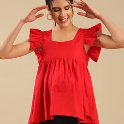 Shades of Sabi Red Squar Neck solid Cotton Regular Maternity Top-image-47