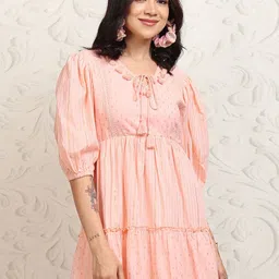 Vishudh Tie-Up Neck Puff Sleeve Tiered Empire Dress-image-62