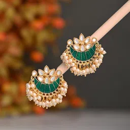 Anvik Gold-Plated Artificial Stones Studded & Beaded Meenakari Crescent Shaped Studs-0
