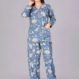 DAMMODE Women Floral Printed Lapel Collar Shirt And Pyjama Night suit-picture-30