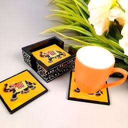 apka mart 6-Pcs Black & Yellow Printed Wooden CoastersWithStand-98