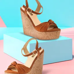 Flat n Heels Brown Suede Wedge Peep Toes-55