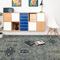 saraswatii global Grey & Teal Ethnic Motifs Rectangle Anti-Skid Woollen Carpet-picture-5