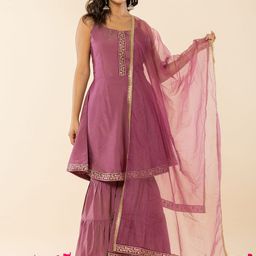 Yufta Shoulder Straps Neck Sleeveless Regular Thread Work Kurta With Sharara With Dupatta-image-9