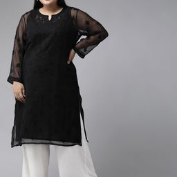 ADA Women Black Ethnic Motifs Chikankari Sustainable Straight Handloom Kurta with Inner-49