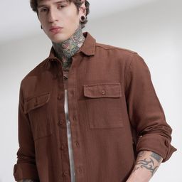 HIGHLANDER Men Comfort Relaxed Fit Textured Spread Collar Cotton Casual Shirt-image-40