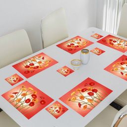 REVEXO 6Pc Red & Yellow Printed Rectangle Costers & Table Placemats-16