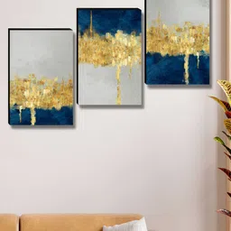 SAF Gold-Toned & Blue 3 Pieces Abstract Printed Wooden Wall Art-image-9